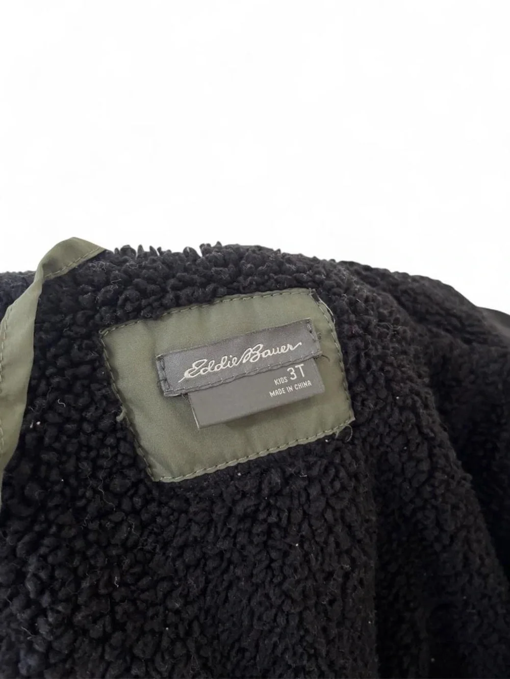 SOLD. Toddler Boy 3T Quilted Puffer Winter Coat Sherpa Hood Eddie Bauer Olive